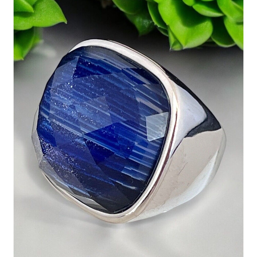 New Silver Tone Ring Size 9.5 Large Blue Stone Gold Fleck - 9J